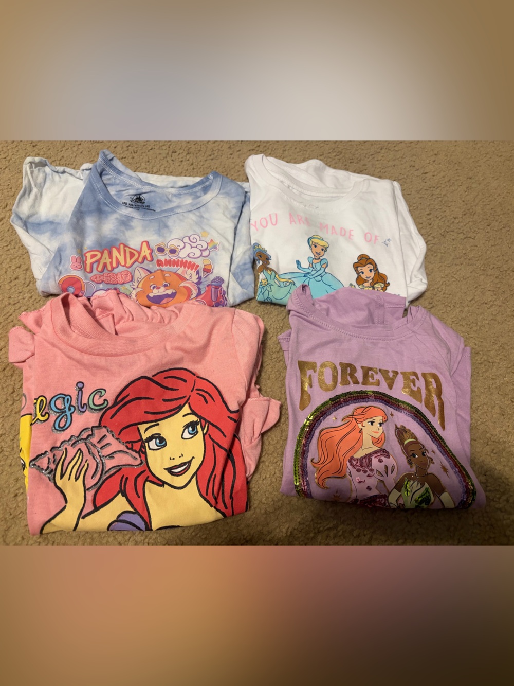Lot of 4 Graphic character Tees - Disney, Ariel, Cinderella, red panda wo tags